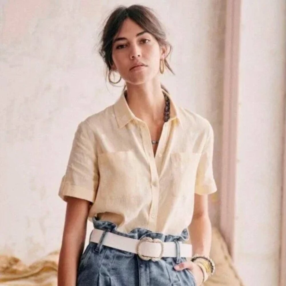 Sezane Saia Button-down Blouse with Embroidered Hearts